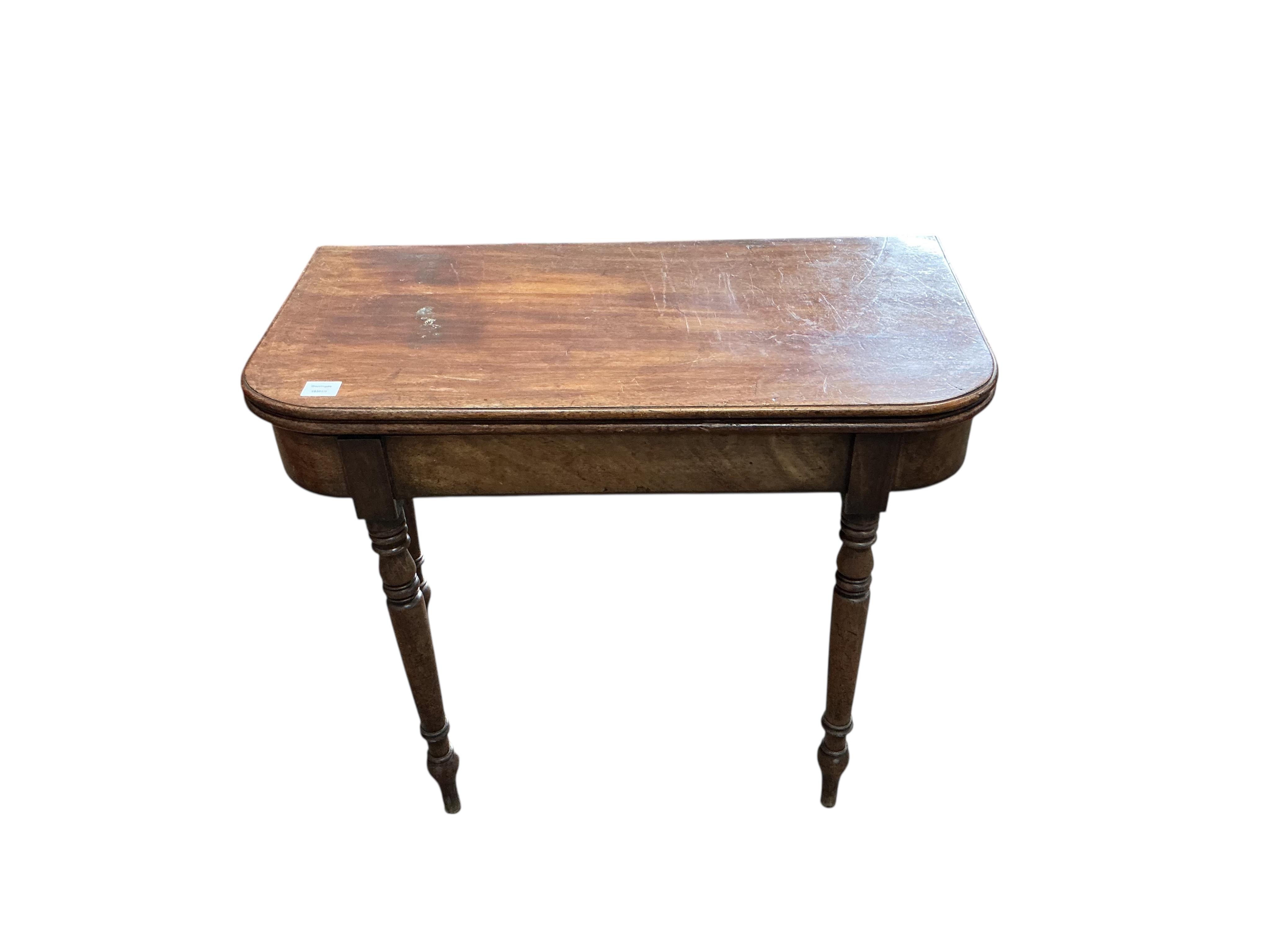 A Regency mahogany 'D' shaped folding tea table, width 91cm, depth 45cm, height 76cm